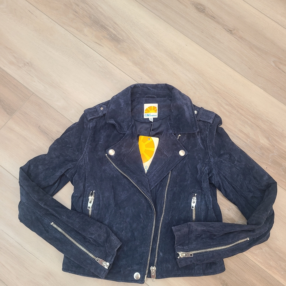 NWT! Suede C&C California Women's Navy Leather Jacket with Silver Accents